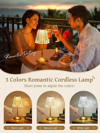 Crystal Cordless Lamp, Dimmable+3 Colors Rechargeable Lamp, Touch+2000mAh Battery Operated Vintage Ambient Light for Kitchen/Bedroom/Bathroom Shower, College Gifts, Mothers Day Gifts for Wife Daughter
