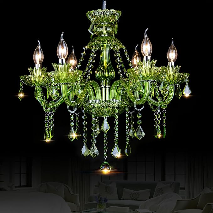 Bagood 6 Lights Green K9 Crystal Candle Chandeliers Lighting Modern Pendant Lights Ceiling Fixture Lamp for Dining Living Room Bedroom Hallway Entry Elegant Decoration E12 Base, H20.5 x W23.6 Inch
