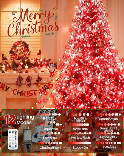 2025 New Christmas Tree Lights Indoor with Voice Control & Remote | 448LED Waterfall Tree Topper Lights with 12 Modes & Timer, 7FT x 16 Lines Cascading Twinkle Lights for 7FT Xmas Decor(Red White)