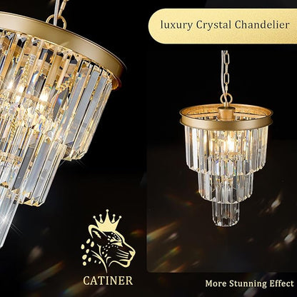 Modern Crystal Pendant Light for Kitchen Island, Mini Gold Crystal Light Fixture Luxury for Dining Room, K9 Ceiling Pendant Light 3 Tiers for Hallway Bedroom Closet