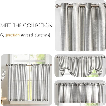 JINCHAN Tie Top Linen Kitchen Curtains 24 Inch Striped Tier Curtains Farmhouse Modern Cafe Style Small Window Treatments Airy Light Filtering Rod Pocket for Living Room Bathroom 2 Panels Charcoal Grey