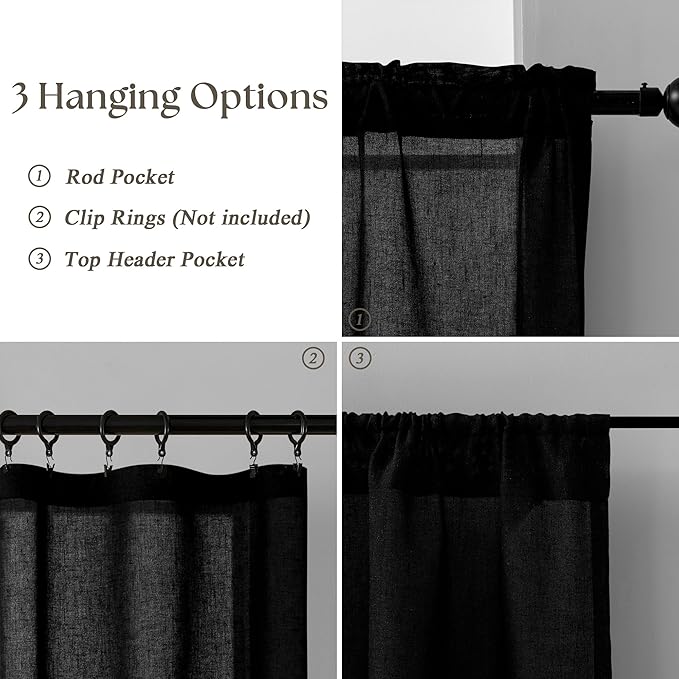 Black Linen Cafe Curtains 30 Inch Length 2 Panels Privacy Light Filtering Semi Sheer Front Door Small Window Treatment Boho Farmhouse Rod Pocket Short Curtains for Bathroom Kitchen Basement RV 26x30