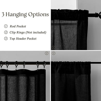 Black Linen Cafe Curtains 30 Inch Length 2 Panels Privacy Light Filtering Semi Sheer Front Door Small Window Treatment Boho Farmhouse Rod Pocket Short Curtains for Bathroom Kitchen Basement RV 26x30