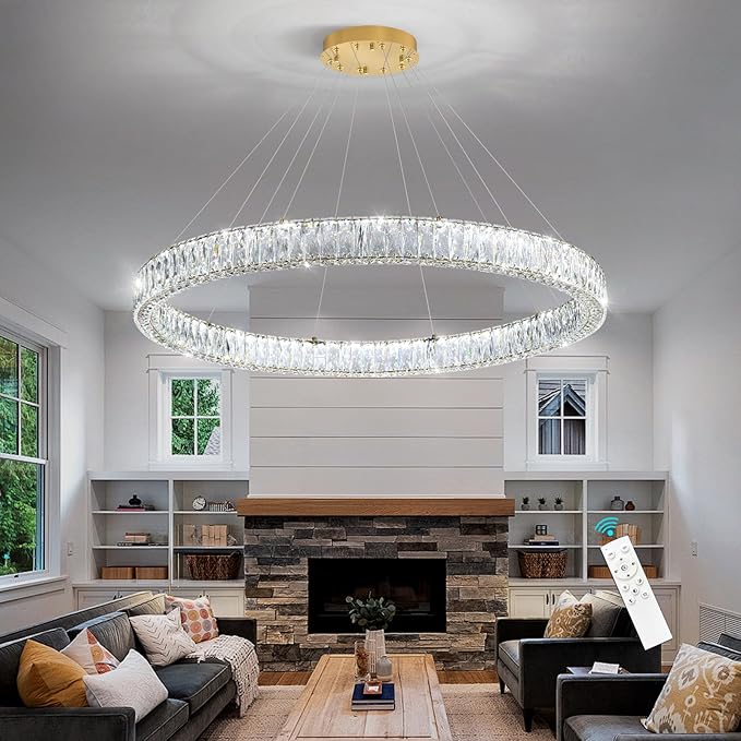 HAIXIANG Modern Crystal Chandelier Dimmable Large Ring LED Pendant Lights Adjustable Glam Chandeliers Lighting Fixtures for Dining Room Living Room Bedroom Gold Light