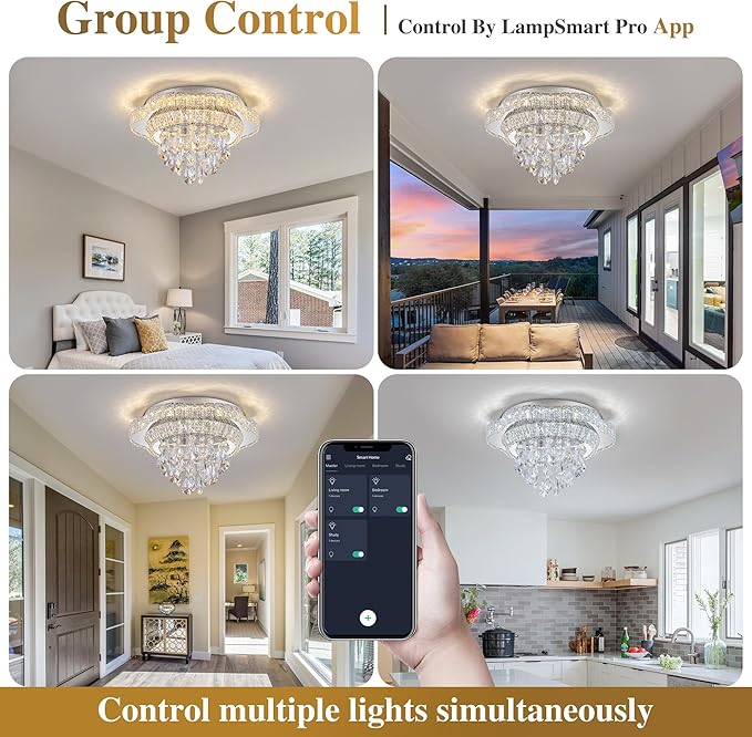 Silver 18" Modern Flush Mount Chandelier for Bedroom, LED Crystal Ceiling Light Over Table,Elegant Dining Room Lighting Fixture with Remote Control, 3CCT Dimmable
