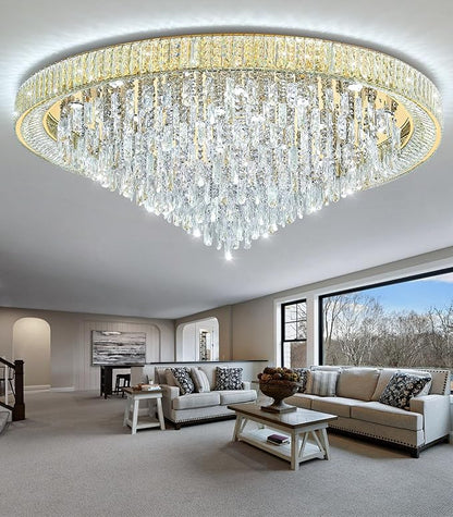 53.7" Modern Crystal Big Large Chandeliers LED Dimmable Flush Mount Ceiling Chandeliers for Living Room High Ceiling Entrance Foyer Lobby Bedroom Gold