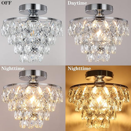 Luupyia Mini Crystal Chandelier Ceiling Light Small, Modern Crystal Ceiling Light for Hallway Fixtures Semi Flush Mount Silver Chandelier for Bedroom Hall Living Room Hallway