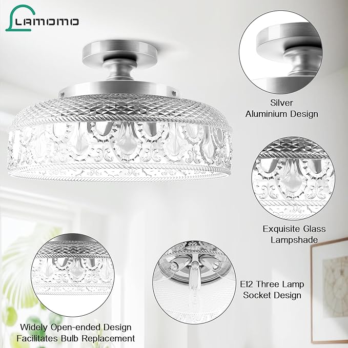 Lamomo Semi Flush Mount Ceiling Light,Upgraded Larger 12 Inch Silver Hallway Light Fixture,3 Light Globe Glass Close to Ceiling Scone, Indoor Hanging Light for Bedroom Kitchen Porch Hallway