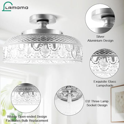 Lamomo Semi Flush Mount Ceiling Light,Upgraded Larger 12 Inch Silver Hallway Light Fixture,3 Light Globe Glass Close to Ceiling Scone, Indoor Hanging Light for Bedroom Kitchen Porch Hallway