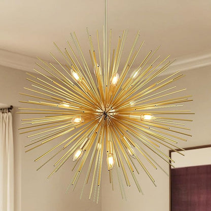 24" Gold Sputnik Chandelier 9-Light, Mid Century Modern Starburst Ceiling Light with Adjustable Chain, Industrial Globe Pendant Light Fixture for Dining Room Kitchen Island Living Room Foyer Entryway