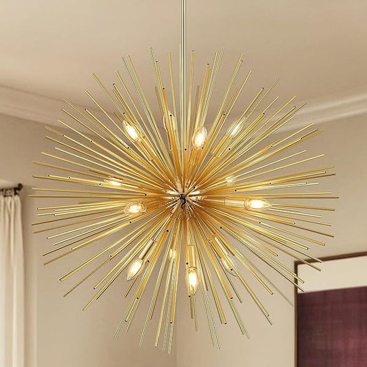 24" Gold Sputnik Chandelier 9-Light, Mid Century Modern Starburst Ceiling Light with Adjustable Chain, Industrial Globe Pendant Light Fixture for Dining Room Kitchen Island Living Room Foyer Entryway
