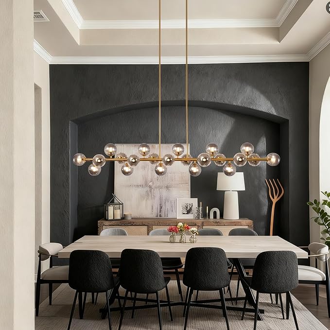 Brass Gold Rectangle Chandelier Modern Chandelier Smoke Grey Globe Glass Pendant Light Fixture Adjustable for Dining Living Room Kitchen Island Over Table 22-Light 70''