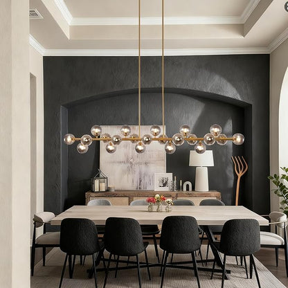 Brass Gold Rectangle Chandelier Modern Chandelier Smoke Grey Globe Glass Pendant Light Fixture Adjustable for Dining Living Room Kitchen Island Over Table 22-Light 70''