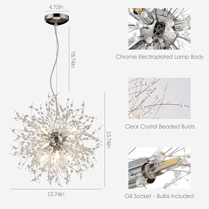 Small Firework Chandelier, 8 Lights Sputnik Pendant Island Light, Chrome Dandelion Crystal Chandelier for Kitchen Dining Room Bedroom
