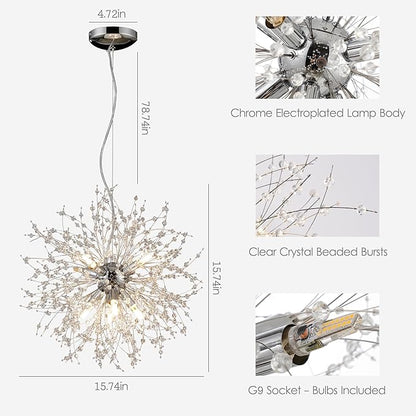 Small Firework Chandelier, 8 Lights Sputnik Pendant Island Light, Chrome Dandelion Crystal Chandelier for Kitchen Dining Room Bedroom