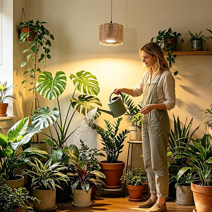 Hanging Grow Light for Indoor Plants, 30W 4000K Full Spectrum LED Pendant with Timer, Hand-Woven Shade, 15FT Cord, Kit for Flowering Plants, Pothos, Kitchen Office