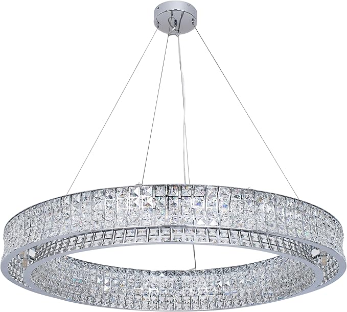 Modern Crystal Chandelier Round 20-Light Contemporary Hanging Ceiling Light Fixture Chrome Finish with Clear Rectangular Crystals Dining Room Living Room Bedroom Entryway Lighting Easy Install 39''