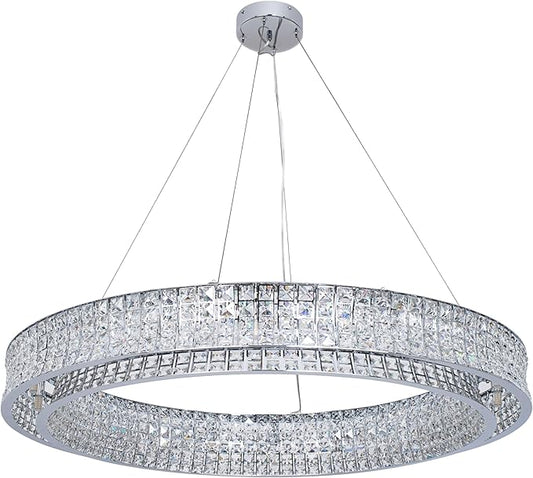 Modern Crystal Chandelier Round 20-Light Contemporary Hanging Ceiling Light Fixture Chrome Finish with Clear Rectangular Crystals Dining Room Living Room Bedroom Entryway Lighting Easy Install 39''