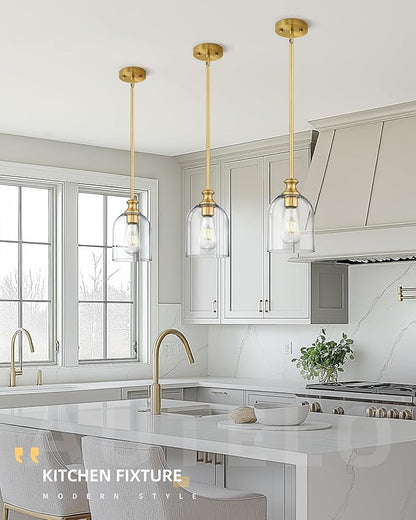 Autelo Gold Pendant Lights, 1-Light Pendant Lights Kitchen Island in Brushed Gold Finish with Clear Cylinder Glass, Vintage Pendant Light Fixtures, Vintage Hanging Lights for Kitchen Island H2511 CLBG