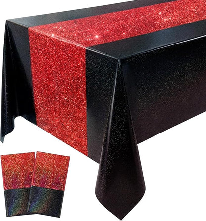 Oudain 2 Pcs Black & Red Holographic Party Tablecloth 54 x 108 Inch Strange Themed Party Decoration Plastic Rectangle Table Cloth Waterproof Table Cover for Birthday Weeding Anniversary Graduation