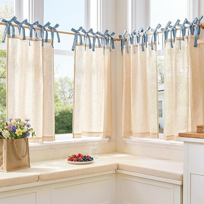 jinchan Linen Tie Top Curtains 36 Inch Length Farmhouse Cafe Curtains Set of 2 for Bedroom Bathroom Rustic Small Windows Light Filtering Crude Panels with Blue Ties