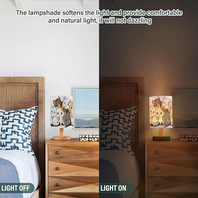Table Lamp Cute Cartoon Cat Kitten Kitty Nightstand Lamp with Wood Base Fabric Lamp Shade Bedside Desk Lamp for Living Room Bedroom Kids Room Office