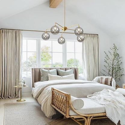 5-Light Gold Sputnik Chandelier, Mid Century Modern, Smoke Gray Glass Shade, Kitchen, Dining, Bedroom, 38.6" L x 30.7" H