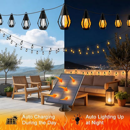 Upgraded Solar String Lights Outdoor, 31FT Solar Patio Lights with 10 Flickering Flame LED Bulbs, Waterproof Hanging Solar String Light for Outside Garden Backyard Porch Patio Bistro Party Decorations