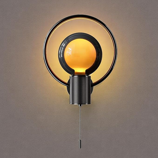 ALAMPEVER Modern Wall Sconce with Pull Chain, Metal Black Wall Lights with G125 Glass Globe Bulb, Wall Mount Light for Enhancing Indoor Ambience in Bedroom, Living Room, and Hallway, 1 Pack