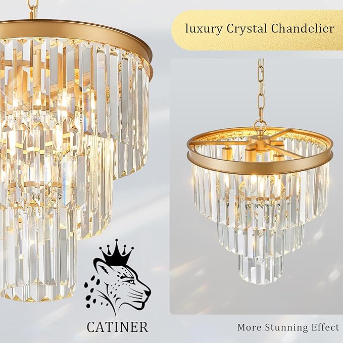 CATINER Gold Crystal Chandeliers 16" Modern 6-Light Small Pendant Light Luxury 3 Tiers K9 Crystal Ceiling Pendant Round Light Fixture for Dining Room Entryway Kitchen Bedroom Closet