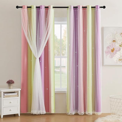 XiDi Girls Curtains for Bedroom 63 Inch Length 2 Panels Pink Yellow Purple Rainbow Blackout Curtains for Little Girl Kids Room Decor Living Room, Princess Unicorn Wall Decals Grommet Drapes 52x63