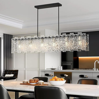 Modern Black Rectangle Chandelier, 48" Dining Room Chandelier with Water Ripple Glass, Staggered Design, Linear Crystal Chandeliers for Dining Room, Living Room, Kitchen Island