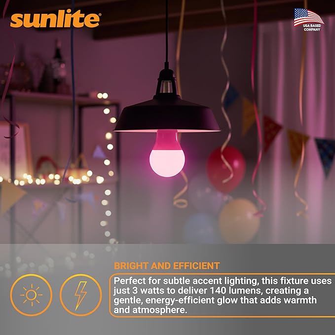 Sunlite 80168 LED A19 Colored Light Bulb, 3 Watts (25w Equivalent), E26 Medium Base, Non-Dimmable, UL Listed, Party Decoration, Holiday Lighting, 1 Count, Pink