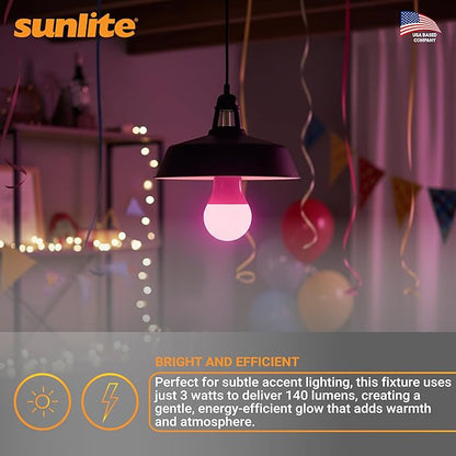 Sunlite 80168 LED A19 Colored Light Bulb, 3 Watts (25w Equivalent), E26 Medium Base, Non-Dimmable, UL Listed, Party Decoration, Holiday Lighting, 1 Count, Pink
