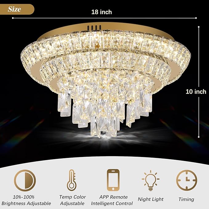 18 inch Crystal Gold Ceiling-Light Flush Mount With Remote Control and APP, 3CCT Dimmable & Brightness Adjustable, Modern Crystal Raindrop Chandeliers for Bedroom Hallway Dinning Room Living Room
