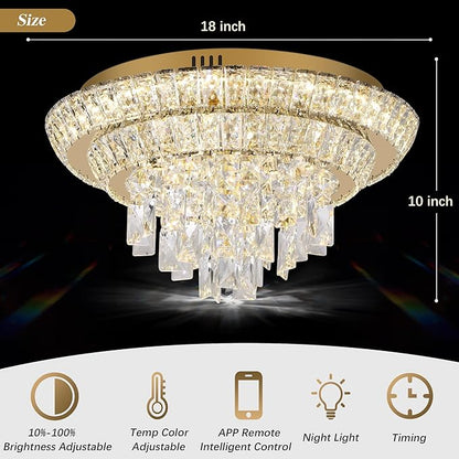 18 inch Crystal Gold Ceiling-Light Flush Mount With Remote Control and APP, 3CCT Dimmable & Brightness Adjustable, Modern Crystal Raindrop Chandeliers for Bedroom Hallway Dinning Room Living Room