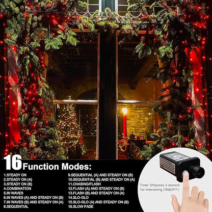 LAMPHOME 33ft 100 LED Red Valentine Lights, Connectable 16 Modes Valentine Room Light Indoor Plug-in, Clear Wire Red Christmas String Light Outdoor Waterproof for Valentine's Day Xmas Bedroom, Party