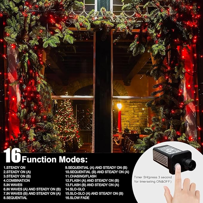 LAMPHOME 66ft Christmas Decorative Mini Lights,200 LED Green Wire Fairy Starry String Lights Plug in, 16Lighting Modes, for Indoor Outdoor Xmas Tree Wedding Party Decoration (Red)