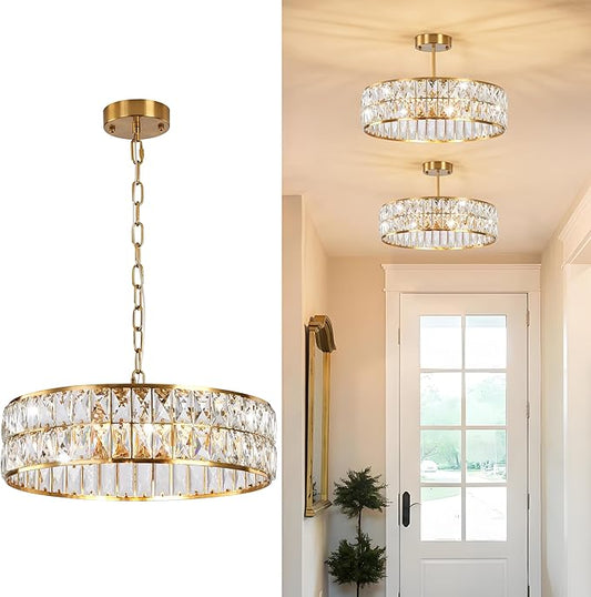 Crystal Pendant Light Modern Chandelier Crystal Semi Flush Mount Ceiling Light Round for Kitchen Island Foyer Hallway