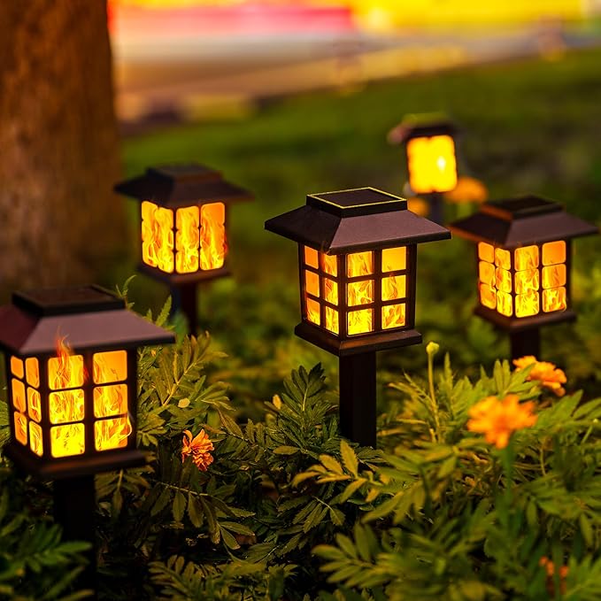 GIGALUMI Solar Lights for Outside,12 Pack Flickering Flame LED Solar Outdoor Lights, Waterproof Solar Garden Lights Maintain 10 Hours of Lighting for Christmas, Garden, Landscape, Path, Yard, Patio