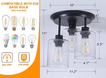 Semi Flush Mount Ceiling Light, Matte Black Kitchen Light Fixtures Ceiling Mount with Seeded Glass Shades, 3-Light Close to Ceiling Light Fixtures for Kitchen Hallway Foyer Dining Room.