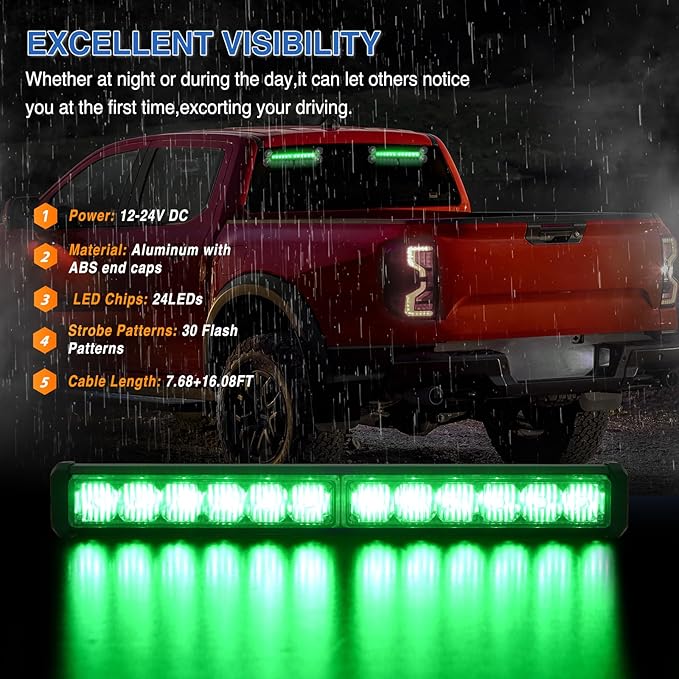 Nilight 24LED Emergency Strobe Traffic Advisor Light Bar 2 in 1 Green Dash Warning Safety Flashing Lights Front/Rear Windshield Construction Lights for Trucks Cars Plow Police Firefighter Vehicles