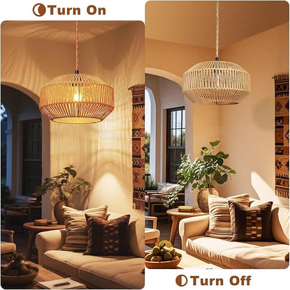 Maliralt Hanging Lamps Rattan Pendant Light Hanging Lights 16.4ft Plug in Cord Pendant Light Fixture Plug Into Wall Outlet Pendant Lighting with On Off Switch for Bedroom Living (Pumpkin Shade)