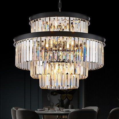 15 Lights Black Crystal Chandeliers 22" 4-Tier Luxury K9 Crystal Lighting Modern Round Ceiling Pendant Light Fixture for Living Room Dining Room Bedroom Kitchen Foyer