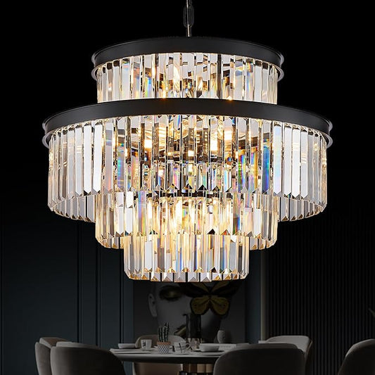 15 Lights Black Crystal Chandeliers 22" 4-Tier Luxury K9 Crystal Lighting Modern Round Ceiling Pendant Light Fixture for Living Room Dining Room Bedroom Kitchen Foyer