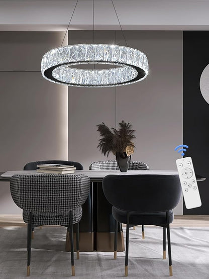 Modern 23.6'' Ring Crystal Chandelier Adjustable LED Ring Pendant Light Dimmable Black Round Crystal Chandelier Light for Dining Room Living Room