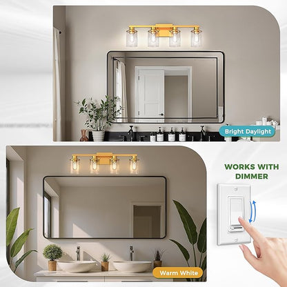 DORESshop 4-Light Vanity Light Fixtures, Gold Bathroom Light Fixtures Over Mirror with Clear Glass Shade, Modern Vanity Lights for Living Room Bedroom