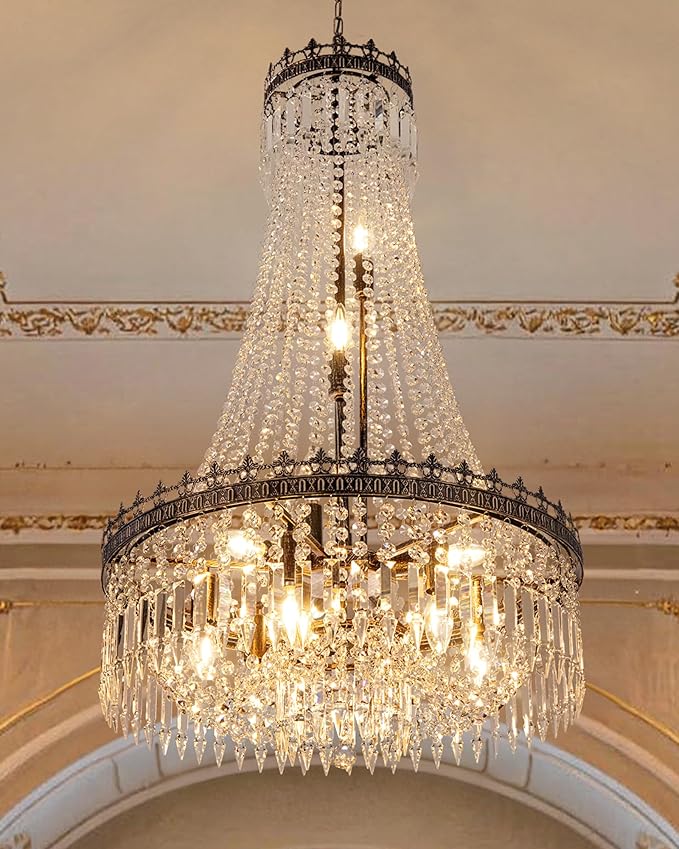 TOCHIC French Empire Crystal Chandeliers,9 Lights Rustic Farmhouse Chandelier,High Ceiling Light Fixture for Entryway,Antique Bronze Chandeliers for Dining Living Room,Foyer,Staircase,24" W x 40'' H
