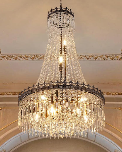 TOCHIC French Empire Crystal Chandeliers,9 Lights Rustic Farmhouse Chandelier,High Ceiling Light Fixture for Entryway,Antique Bronze Chandeliers for Dining Living Room,Foyer,Staircase,24" W x 40'' H