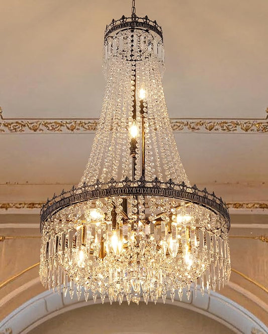 TOCHIC French Empire Crystal Chandeliers,9 Lights Rustic Farmhouse Chandelier,High Ceiling Light Fixture for Entryway,Antique Bronze Chandeliers for Dining Living Room,Foyer,Staircase,24" W x 40'' H